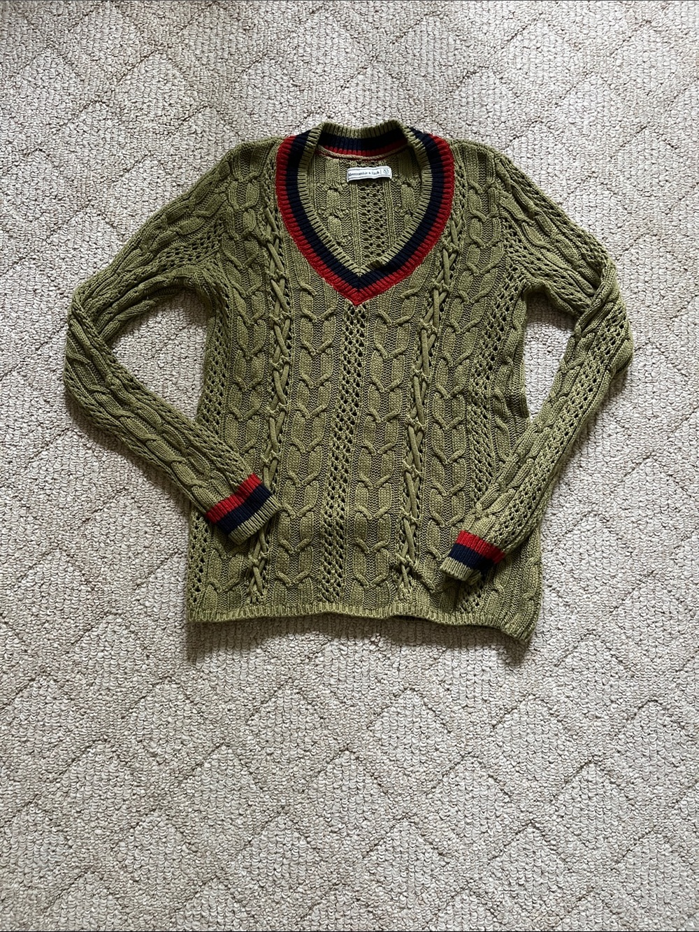 Abercrombie & Fitch Olive V-Neck Cable Knit Sweater with Red and Navy Trim